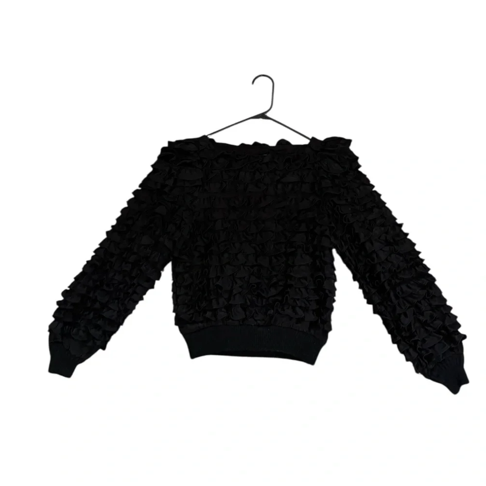 Vintage NR1 by Ned Gould Black Ruffle Satin‎ Blouse Top Size 6